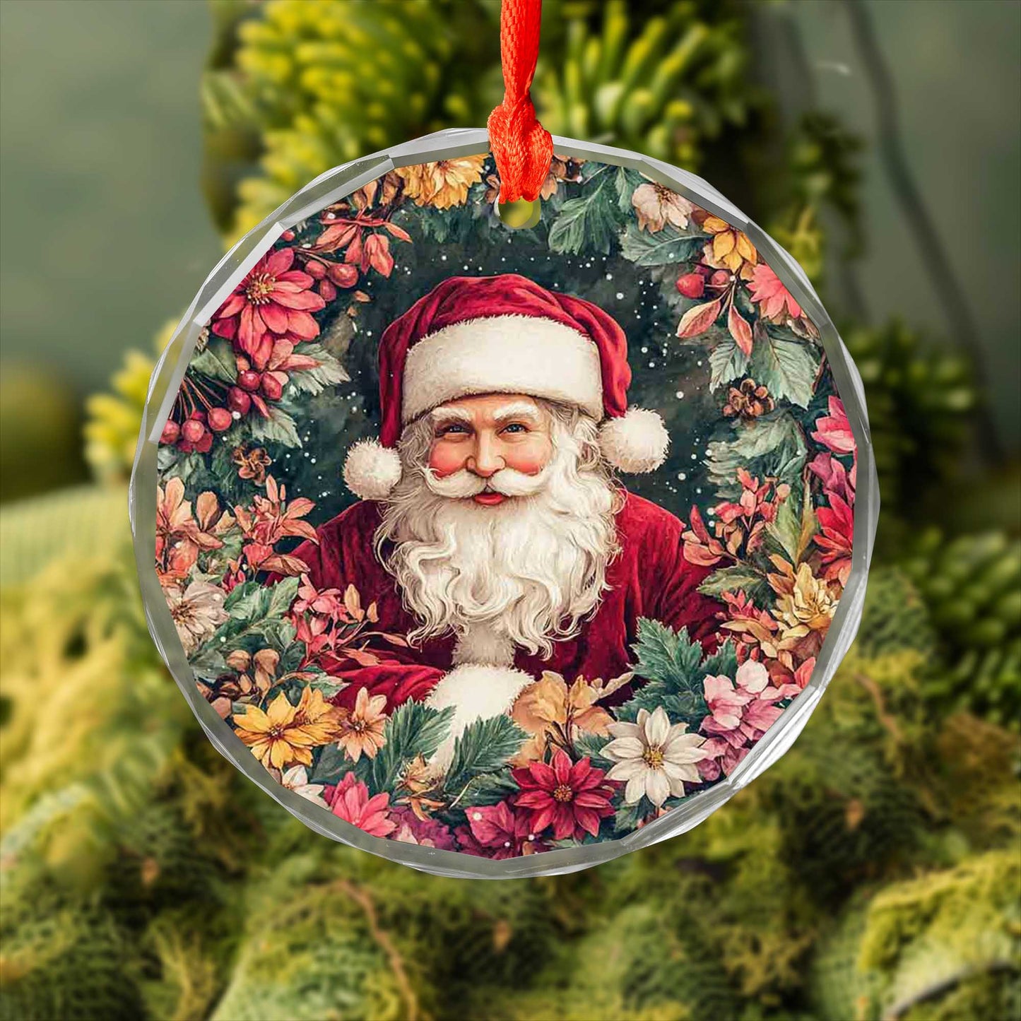 Netecom Santa Claus Surrounded by Holiday Flowers Glass Ornament – 3-Inch Christmas Tree Decoration