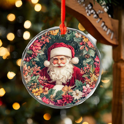 Netecom Santa Claus Surrounded by Holiday Flowers Glass Ornament – 3-Inch Christmas Tree Decoration
