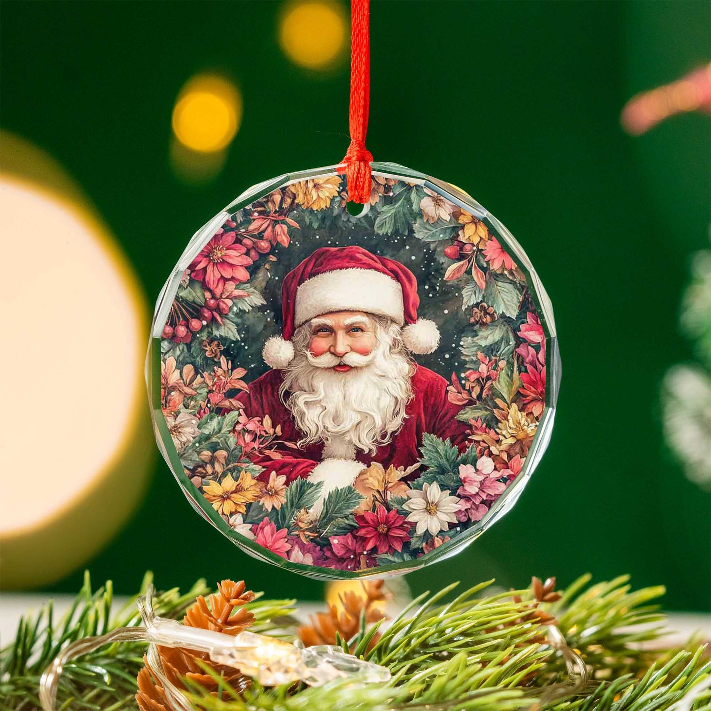 Netecom Santa Claus Surrounded by Holiday Flowers Glass Ornament – 3-Inch Christmas Tree Decoration