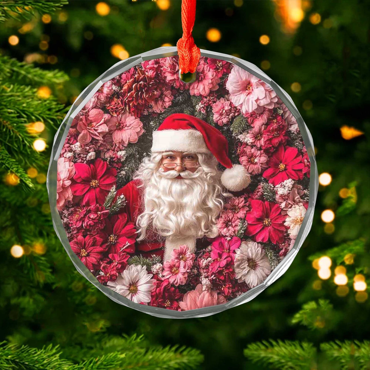 Netecom Santa Claus Surrounded by Pink Flowers Glass Ornament – Christmas Tree Decoration, 3-Inch Holiday Keepsake