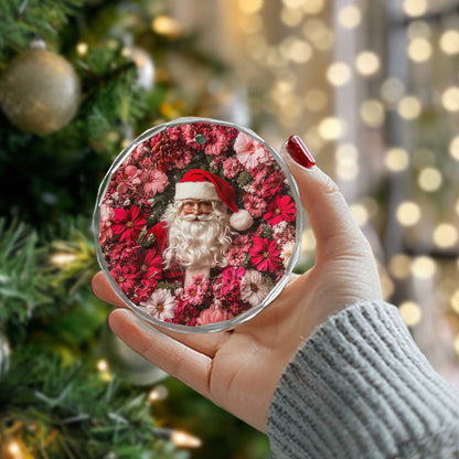 Netecom Santa Claus Surrounded by Pink Flowers Glass Ornament – Christmas Tree Decoration, 3-Inch Holiday Keepsake