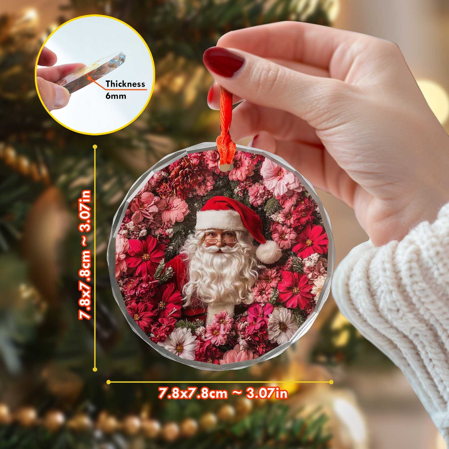 Netecom Santa Claus Surrounded by Pink Flowers Glass Ornament – Christmas Tree Decoration, 3-Inch Holiday Keepsake