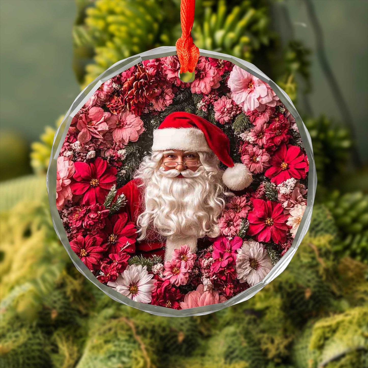 Netecom Santa Claus Surrounded by Pink Flowers Glass Ornament – Christmas Tree Decoration, 3-Inch Holiday Keepsake