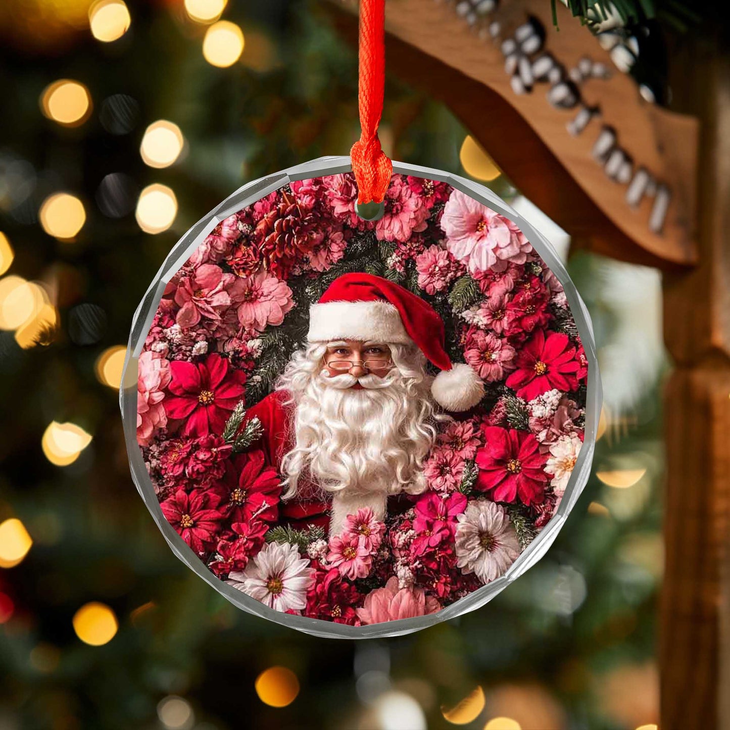 Netecom Santa Claus Surrounded by Pink Flowers Glass Ornament – Christmas Tree Decoration, 3-Inch Holiday Keepsake