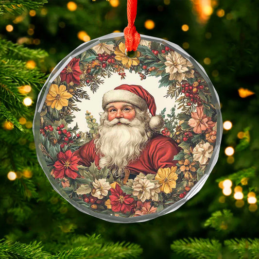 Netecom Santa Claus in Floral Wreath Glass Ornament – Christmas Tree Decoration, 3-Inch Holiday Keepsake
