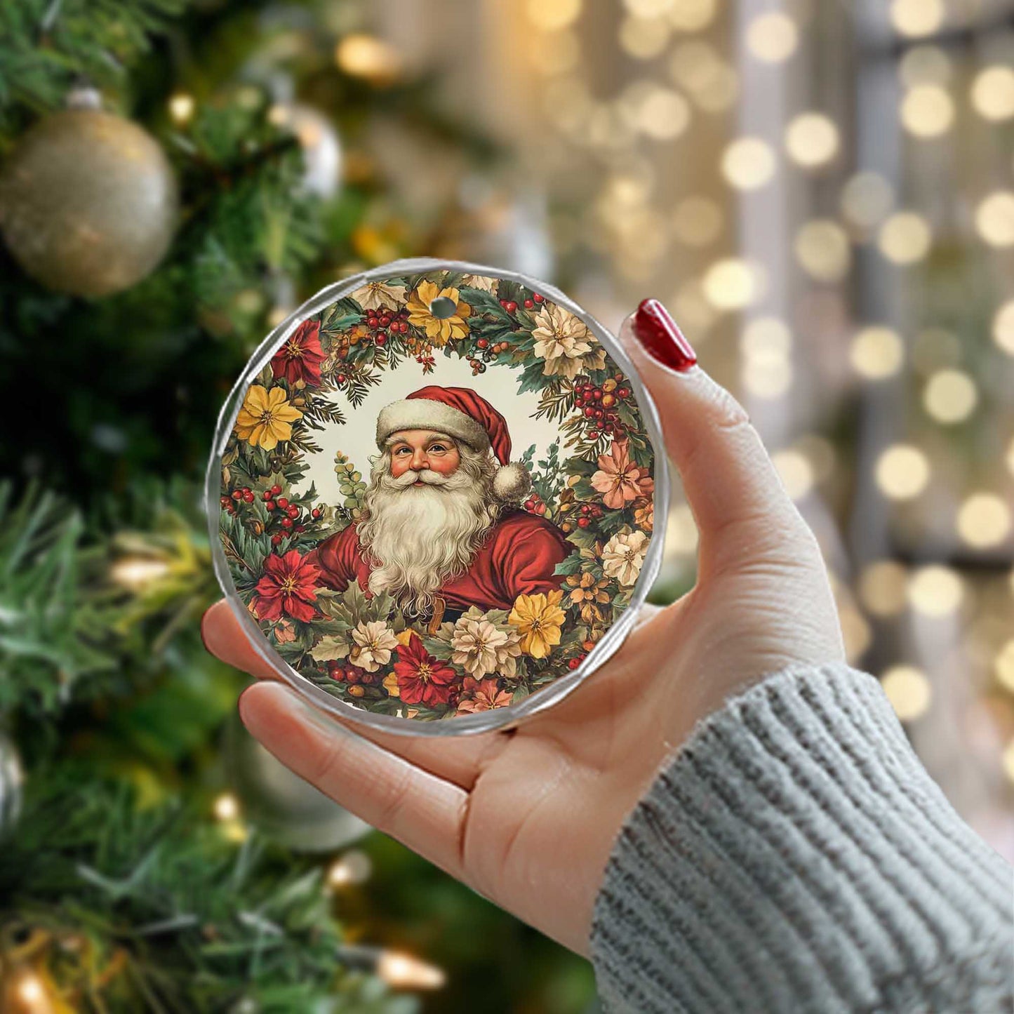 Netecom Santa Claus in Floral Wreath Glass Ornament – Christmas Tree Decoration, 3-Inch Holiday Keepsake