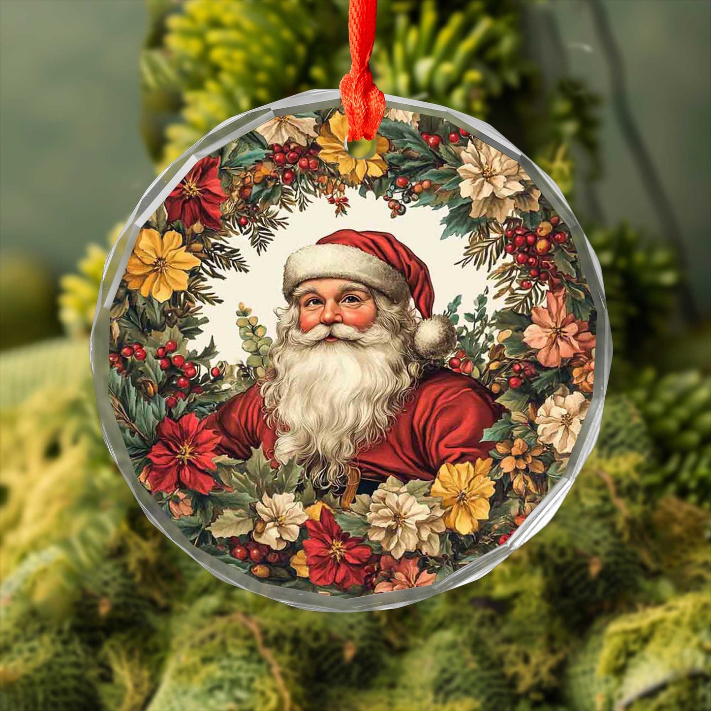Netecom Santa Claus in Floral Wreath Glass Ornament – Christmas Tree Decoration, 3-Inch Holiday Keepsake