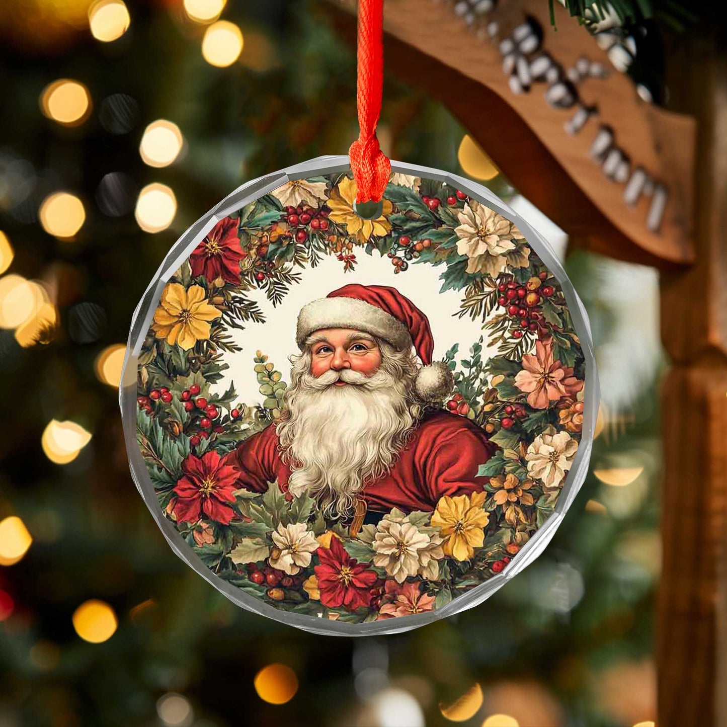 Netecom Santa Claus in Floral Wreath Glass Ornament – Christmas Tree Decoration, 3-Inch Holiday Keepsake