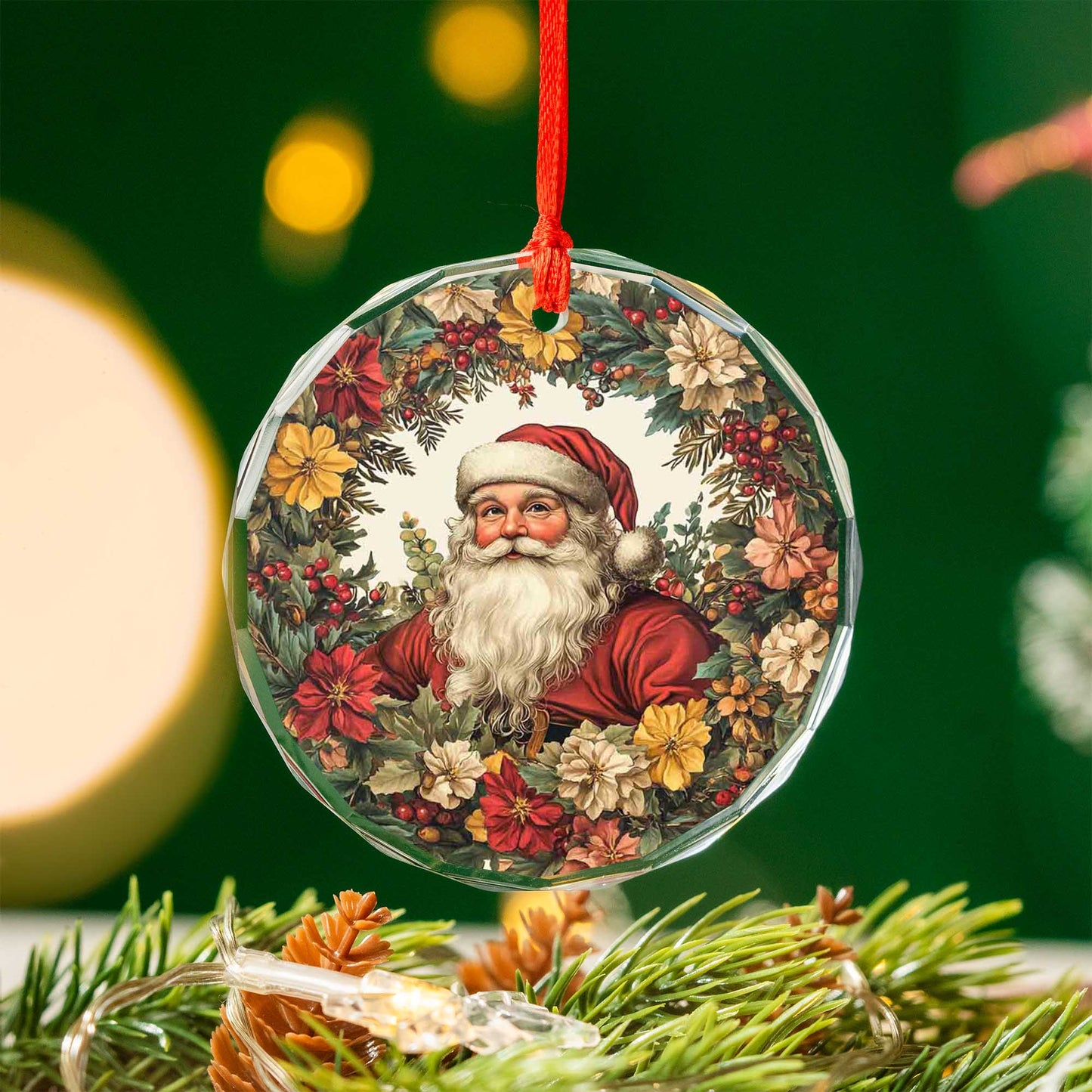 Netecom Santa Claus in Floral Wreath Glass Ornament – Christmas Tree Decoration, 3-Inch Holiday Keepsake