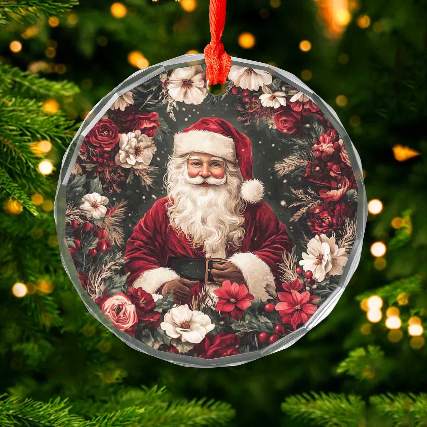 Netecom Santa Claus in Floral Christmas Glass Ornament – Festive Tree Decoration, 3-Inch Holiday Keepsake