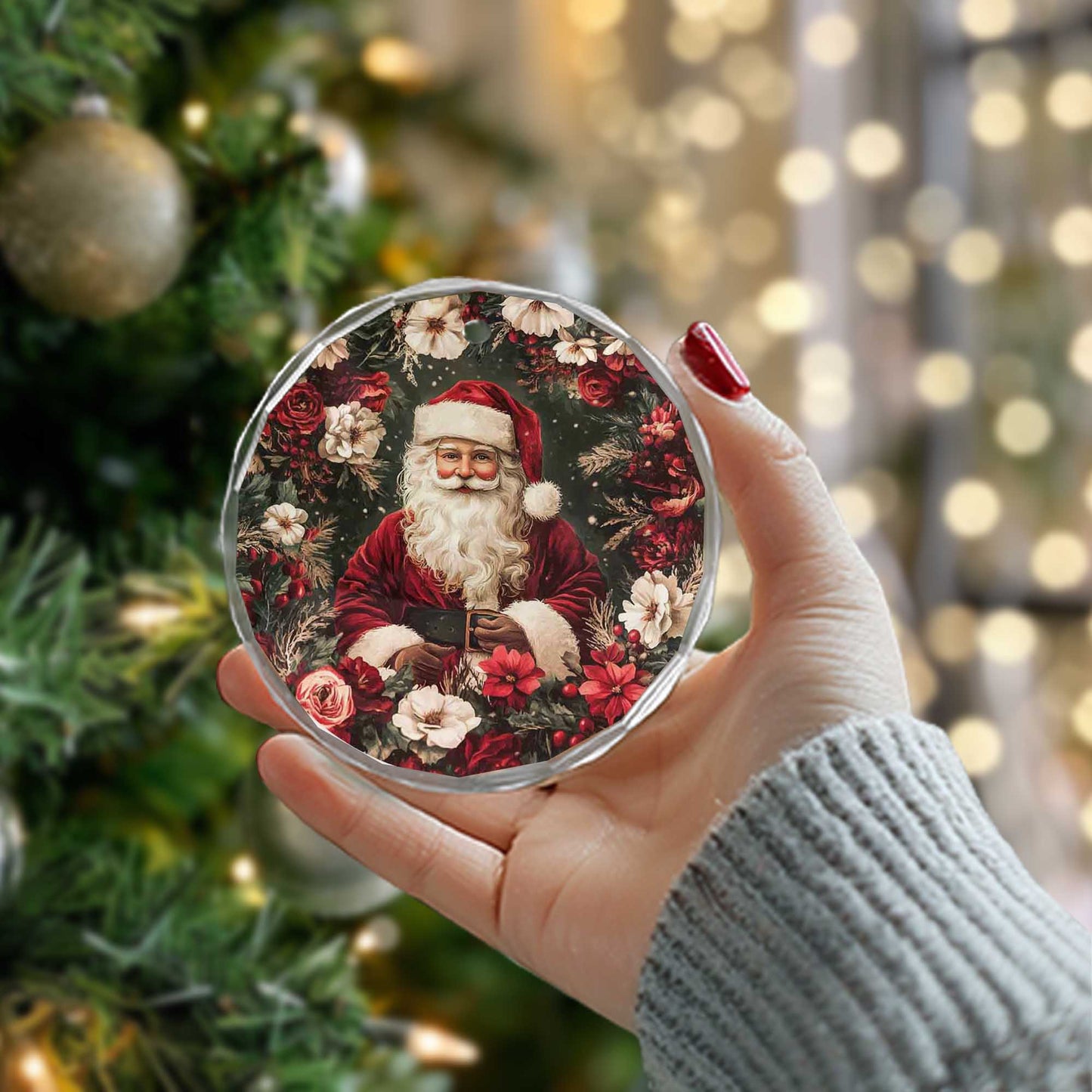 Netecom Santa Claus in Floral Christmas Glass Ornament – Festive Tree Decoration, 3-Inch Holiday Keepsake