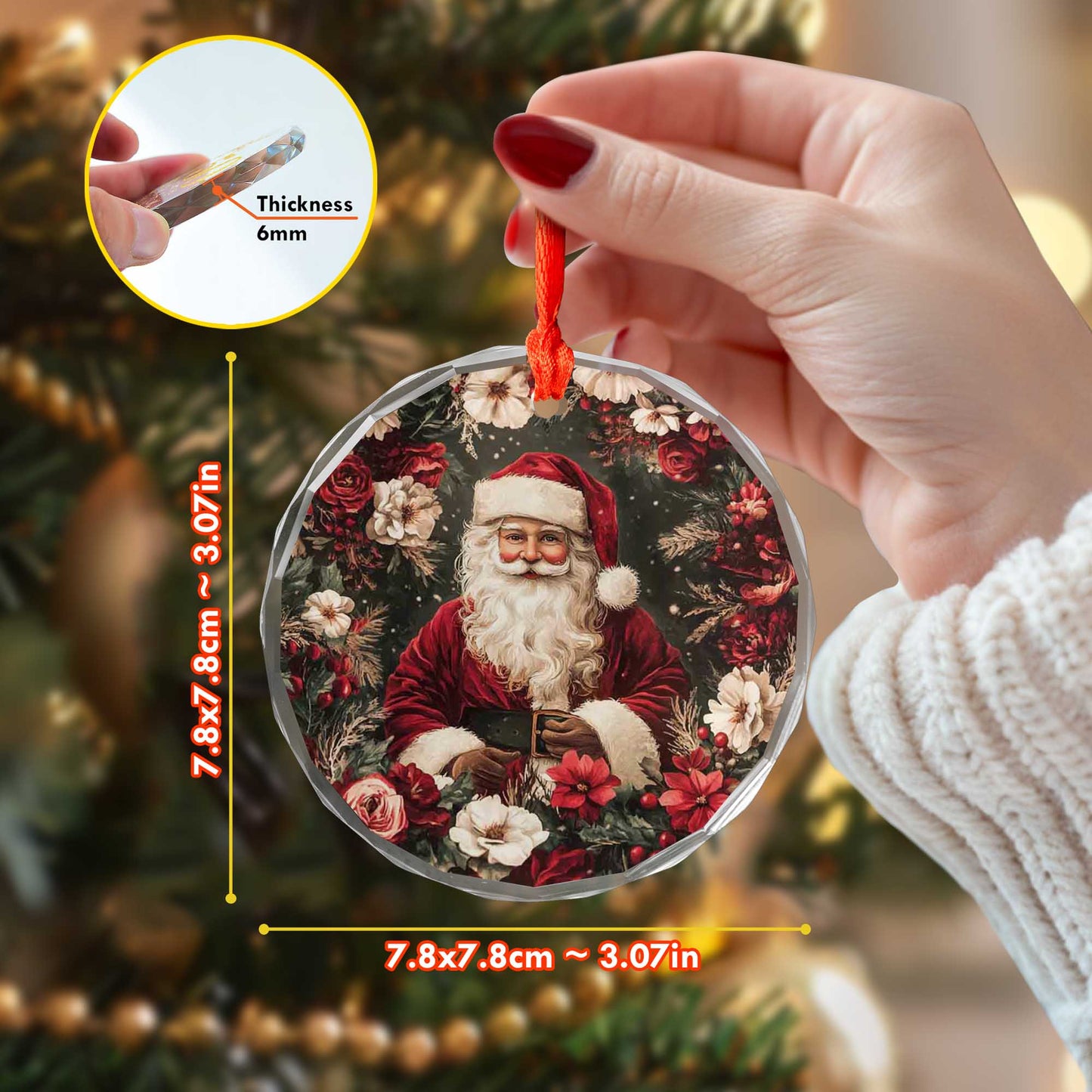 Netecom Santa Claus in Floral Christmas Glass Ornament – Festive Tree Decoration, 3-Inch Holiday Keepsake