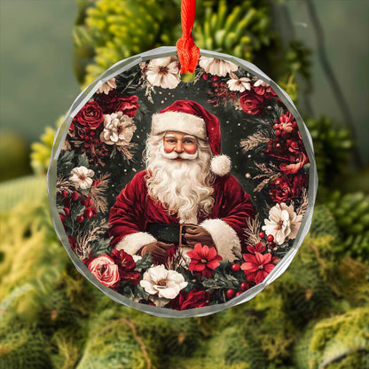 Netecom Santa Claus in Floral Christmas Glass Ornament – Festive Tree Decoration, 3-Inch Holiday Keepsake