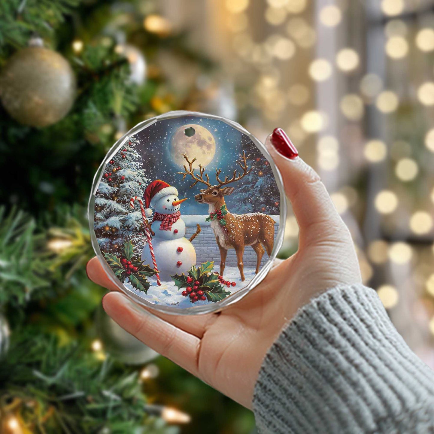 Netecom Snowman & Reindeer Glass Ornament – Christmas Tree Decoration, Holiday Keepsake Gift, 3 in