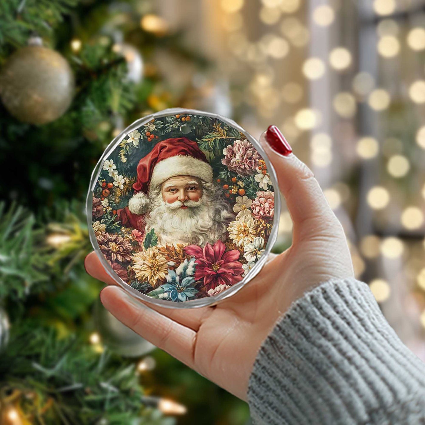 Netecom Santa Claus in Floral Garden Glass Ornament – Christmas Tree Decoration, Holiday Keepsake, 3 in
