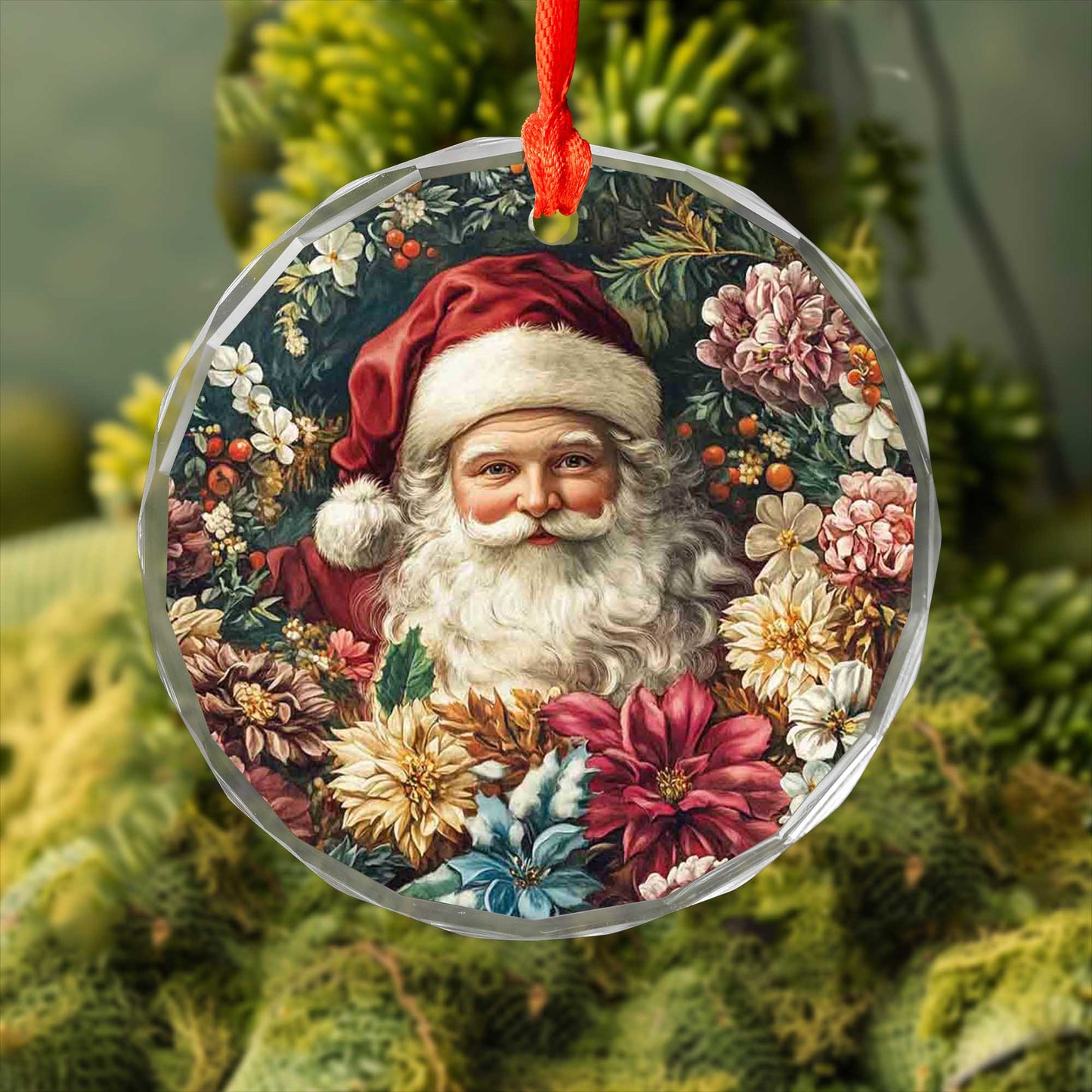 Netecom Santa Claus in Floral Garden Glass Ornament – Christmas Tree Decoration, Holiday Keepsake, 3 in