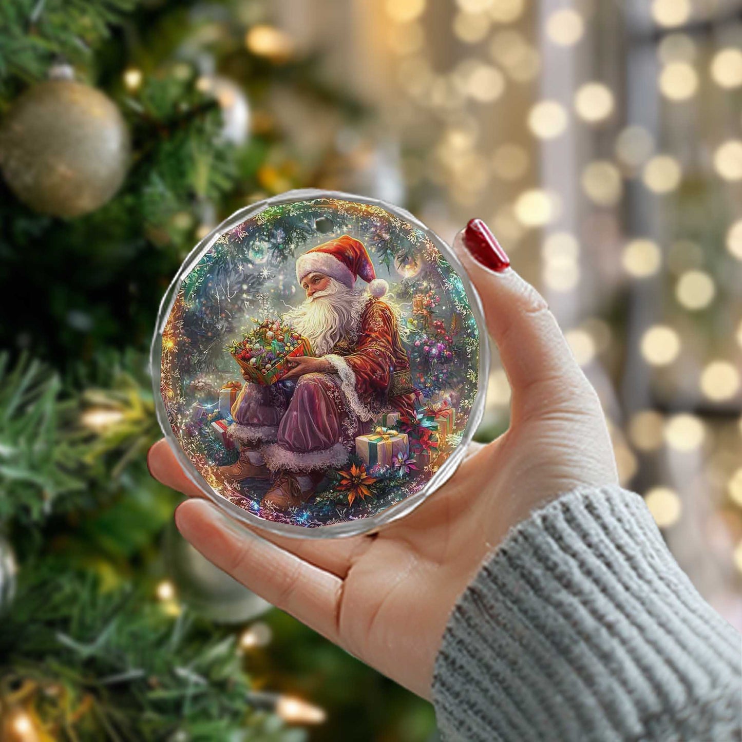 Netecom Santa Claus with Gift Box Glass Ornament – Christmas Tree Decoration, 3-Inch Holiday Keepsake