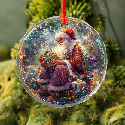 Netecom Santa Claus with Gift Box Glass Ornament – Christmas Tree Decoration, 3-Inch Holiday Keepsake