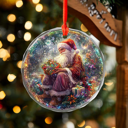 Netecom Santa Claus with Gift Box Glass Ornament – Christmas Tree Decoration, 3-Inch Holiday Keepsake