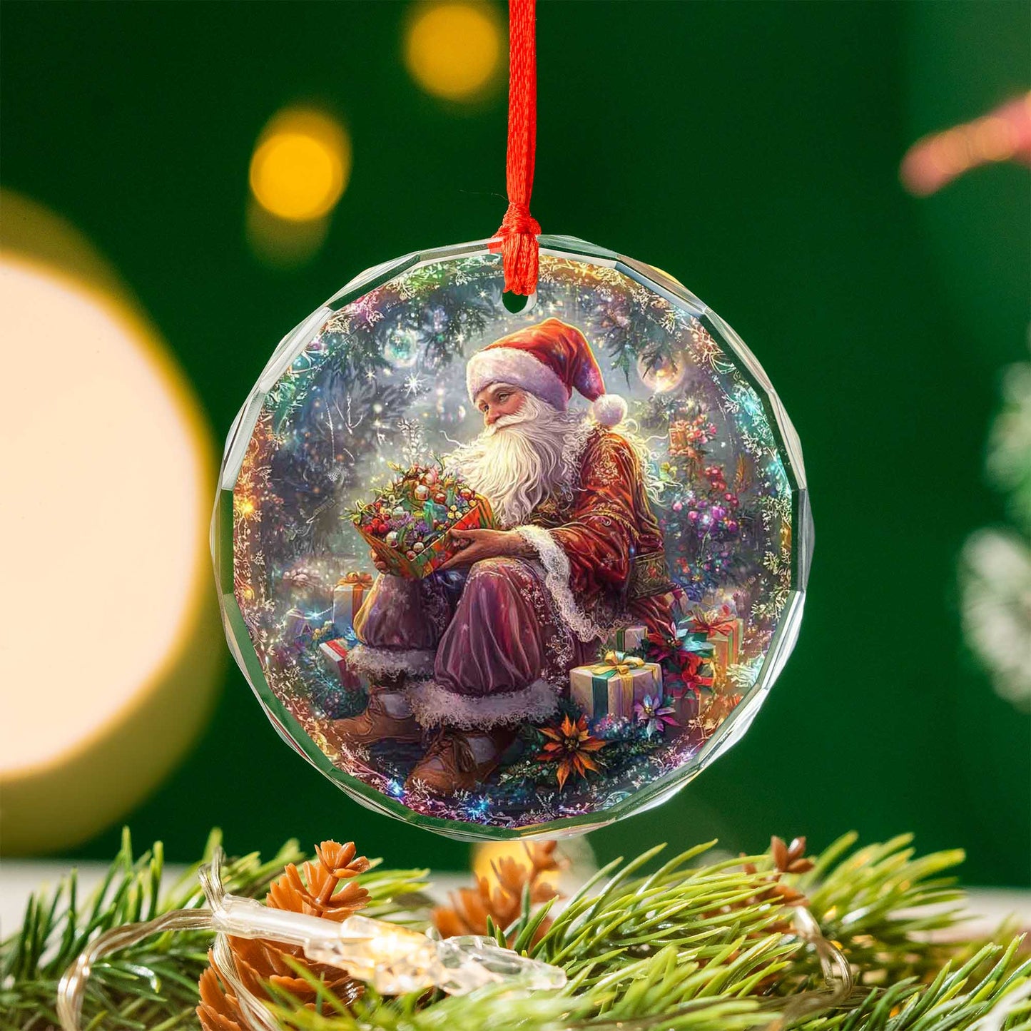 Netecom Santa Claus with Gift Box Glass Ornament – Christmas Tree Decoration, 3-Inch Holiday Keepsake