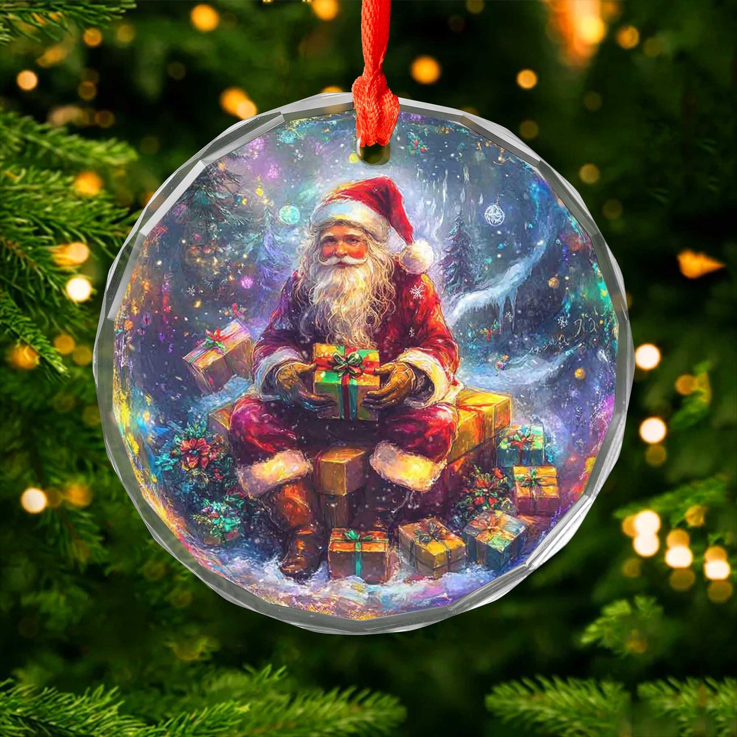 Netecom Santa Claus Sitting with Gifts Glass Ornament – Christmas Tree Decoration, Holiday Keepsake, 3 in