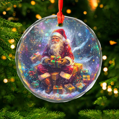 Netecom Santa Claus Sitting with Gifts Glass Ornament – Christmas Tree Decoration, Holiday Keepsake, 3 in