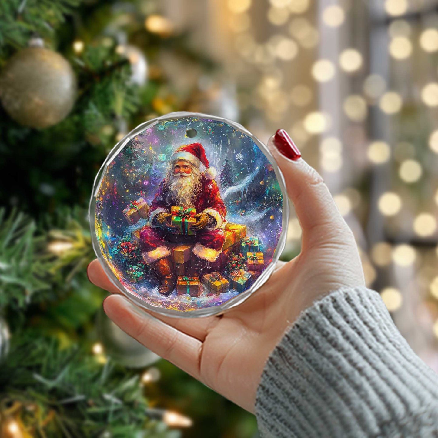 Netecom Santa Claus Sitting with Gifts Glass Ornament – Christmas Tree Decoration, Holiday Keepsake, 3 in