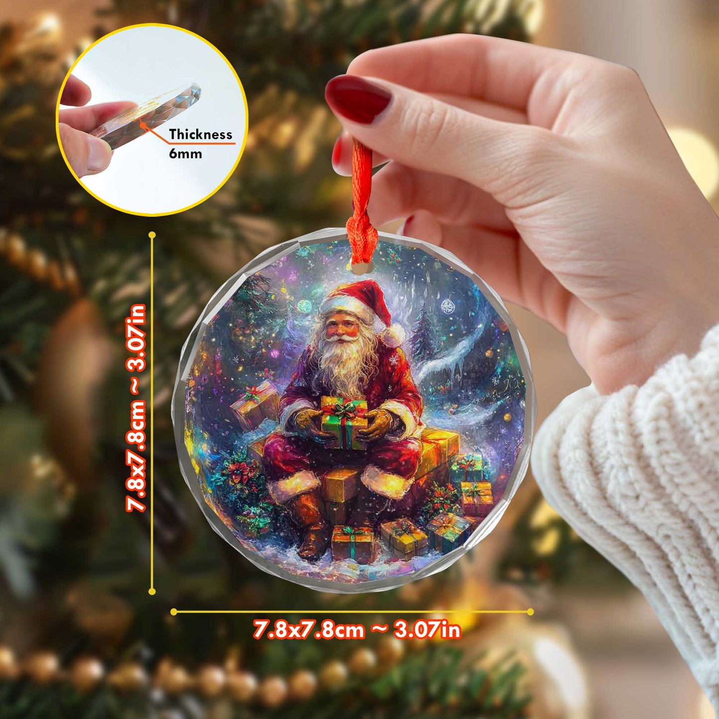 Netecom Santa Claus Sitting with Gifts Glass Ornament – Christmas Tree Decoration, Holiday Keepsake, 3 in