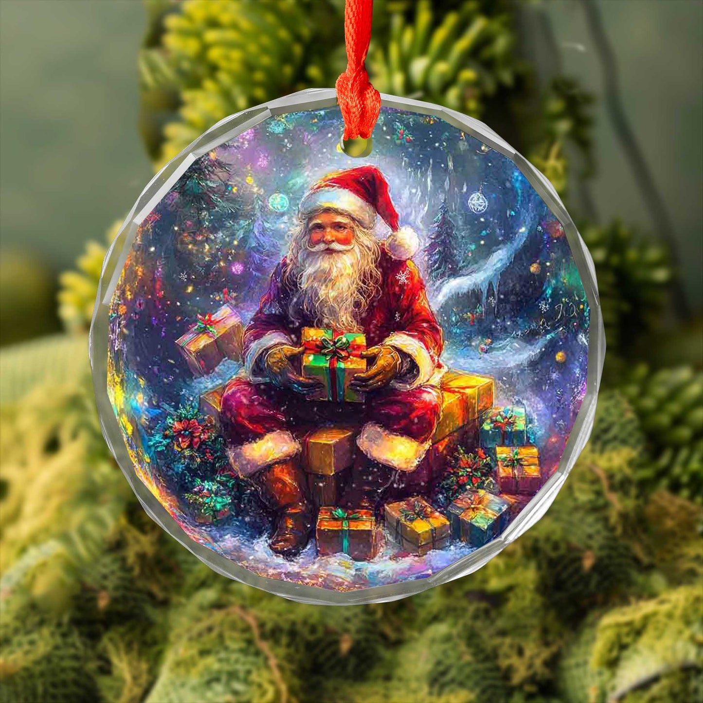 Netecom Santa Claus Sitting with Gifts Glass Ornament – Christmas Tree Decoration, Holiday Keepsake, 3 in