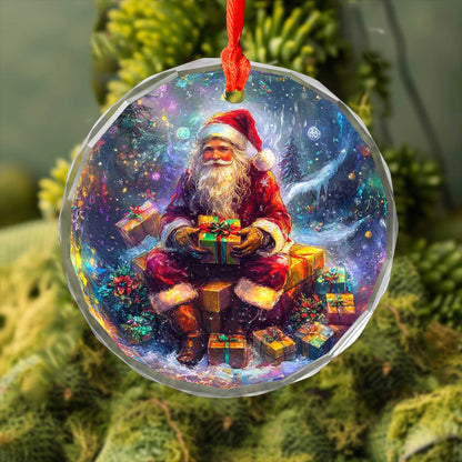Netecom Santa Claus Sitting with Gifts Glass Ornament – Christmas Tree Decoration, Holiday Keepsake, 3 in