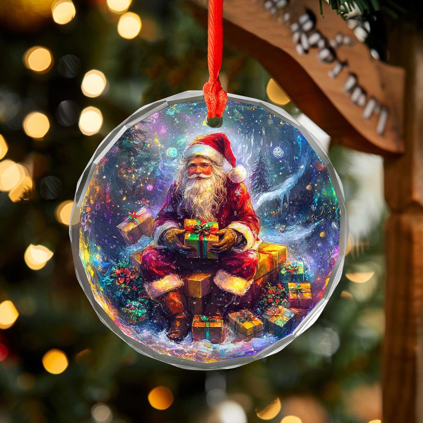 Netecom Santa Claus Sitting with Gifts Glass Ornament – Christmas Tree Decoration, Holiday Keepsake, 3 in