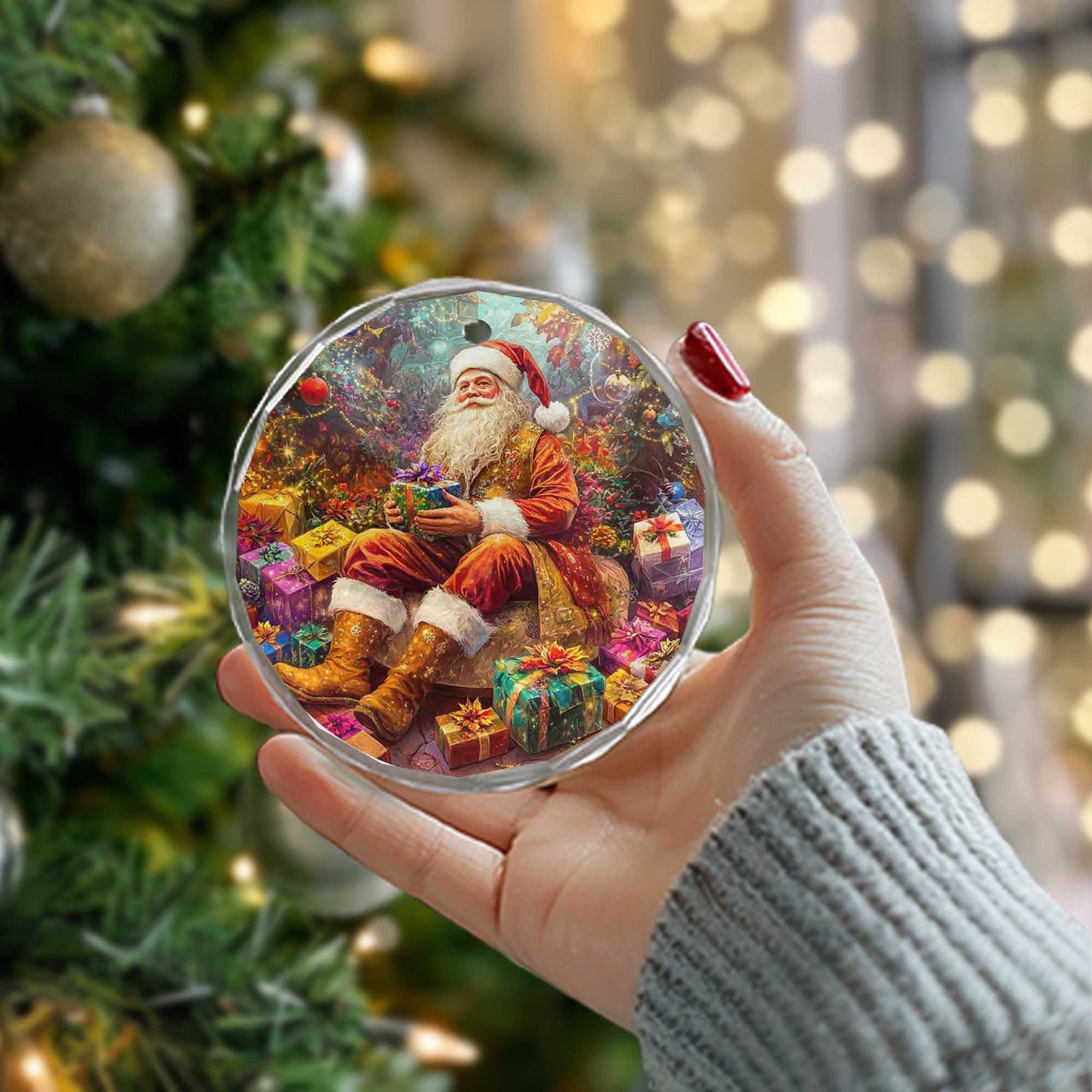 Netecom Santa Claus Surrounded by Gifts Glass Ornament – Christmas Tree Decoration, 3-Inch Holiday Keepsake