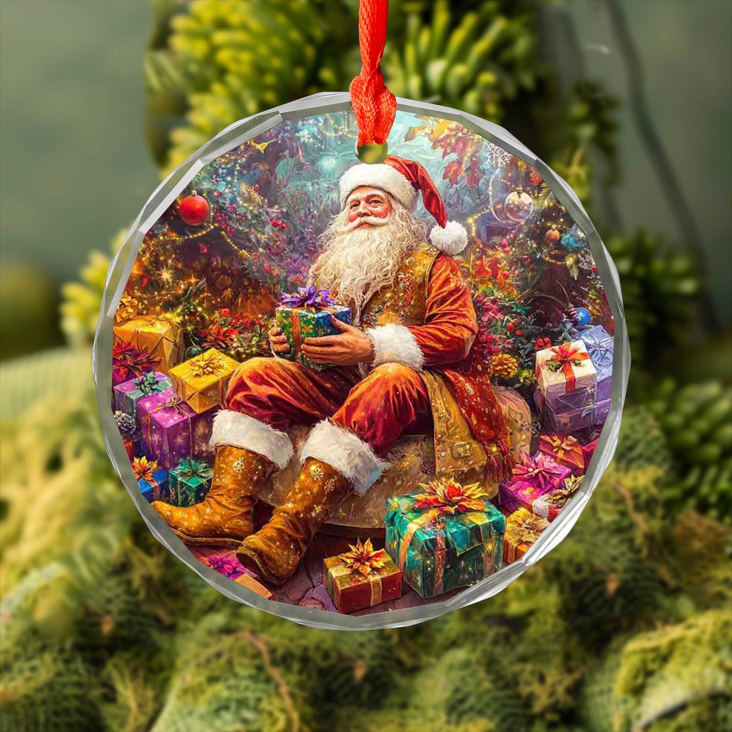 Netecom Santa Claus Surrounded by Gifts Glass Ornament – Christmas Tree Decoration, 3-Inch Holiday Keepsake