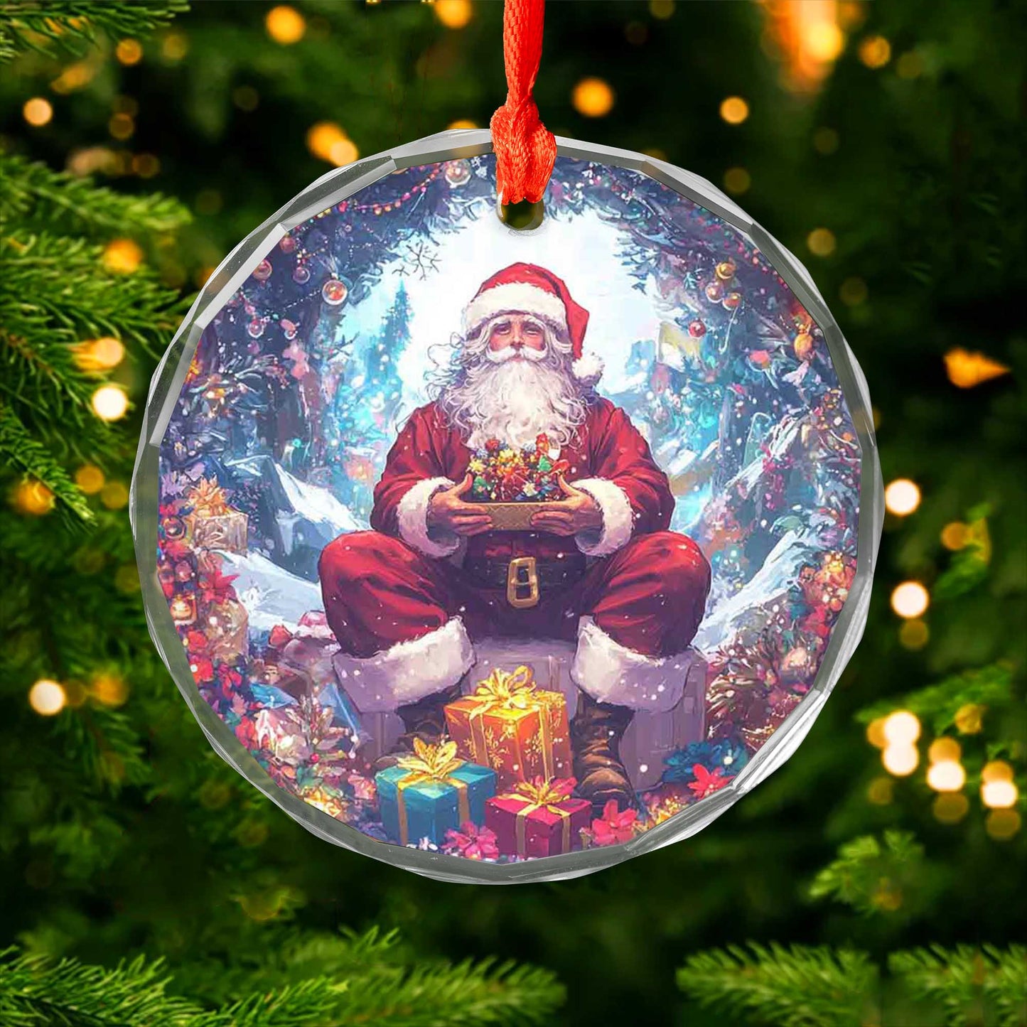Netecom Santa Claus with Christmas Gifts Glass Ornament – Festive Tree Decoration, 3-Inch Holiday Keepsake