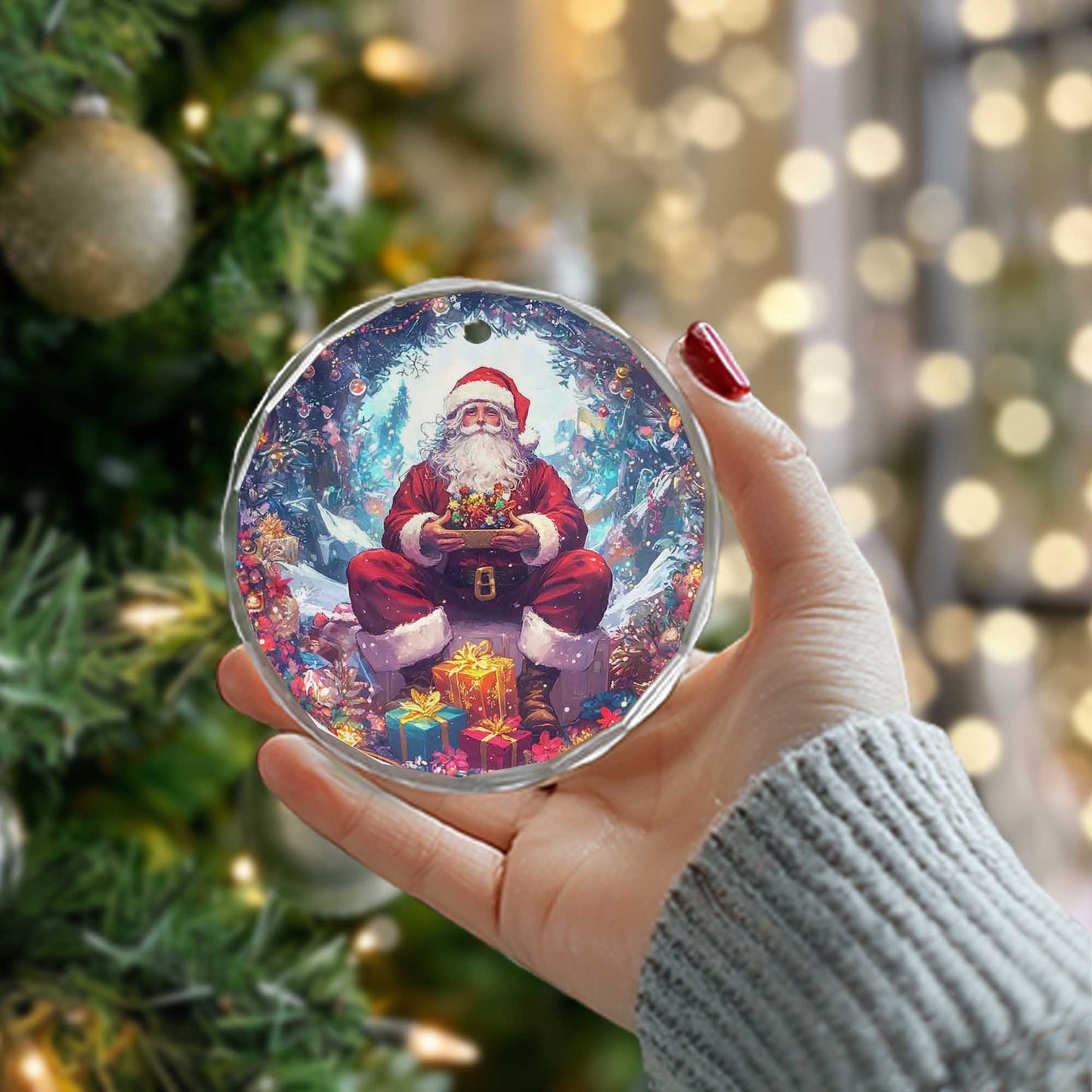 Netecom Santa Claus with Christmas Gifts Glass Ornament – Festive Tree Decoration, 3-Inch Holiday Keepsake