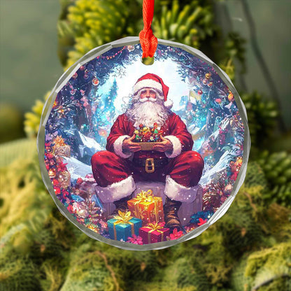 Netecom Santa Claus with Christmas Gifts Glass Ornament – Festive Tree Decoration, 3-Inch Holiday Keepsake