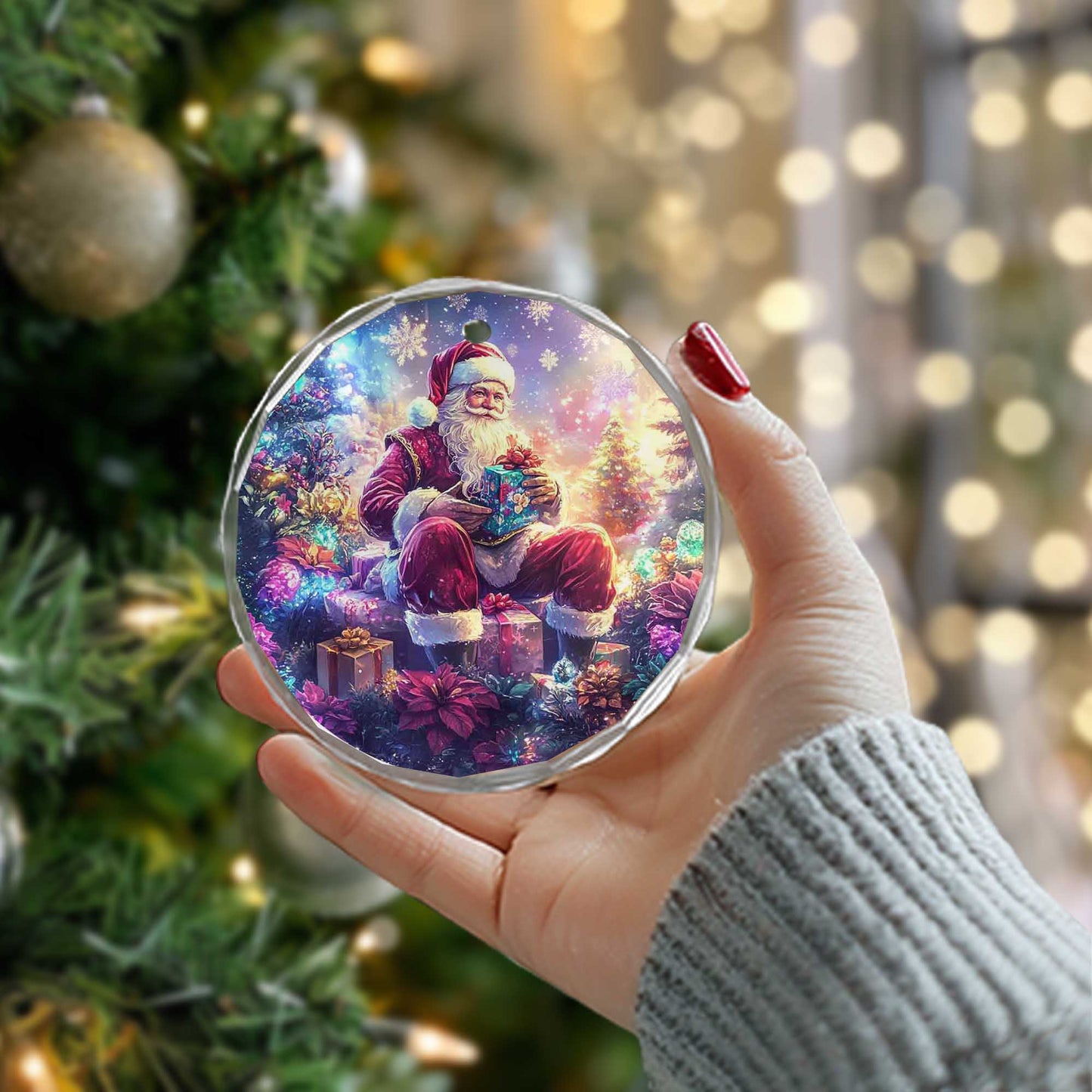 Netecom Santa Claus with Gift Glass Ornament – Christmas Tree Decoration,  Holiday Keepsake, 3 in