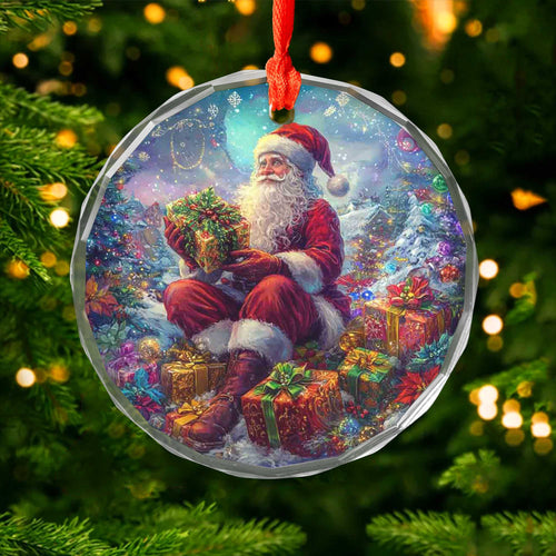Netecom Santa Claus Sitting with Gifts Glass Ornament – Christmas Tree Decoration, 3-Inch Holiday Keepsake
