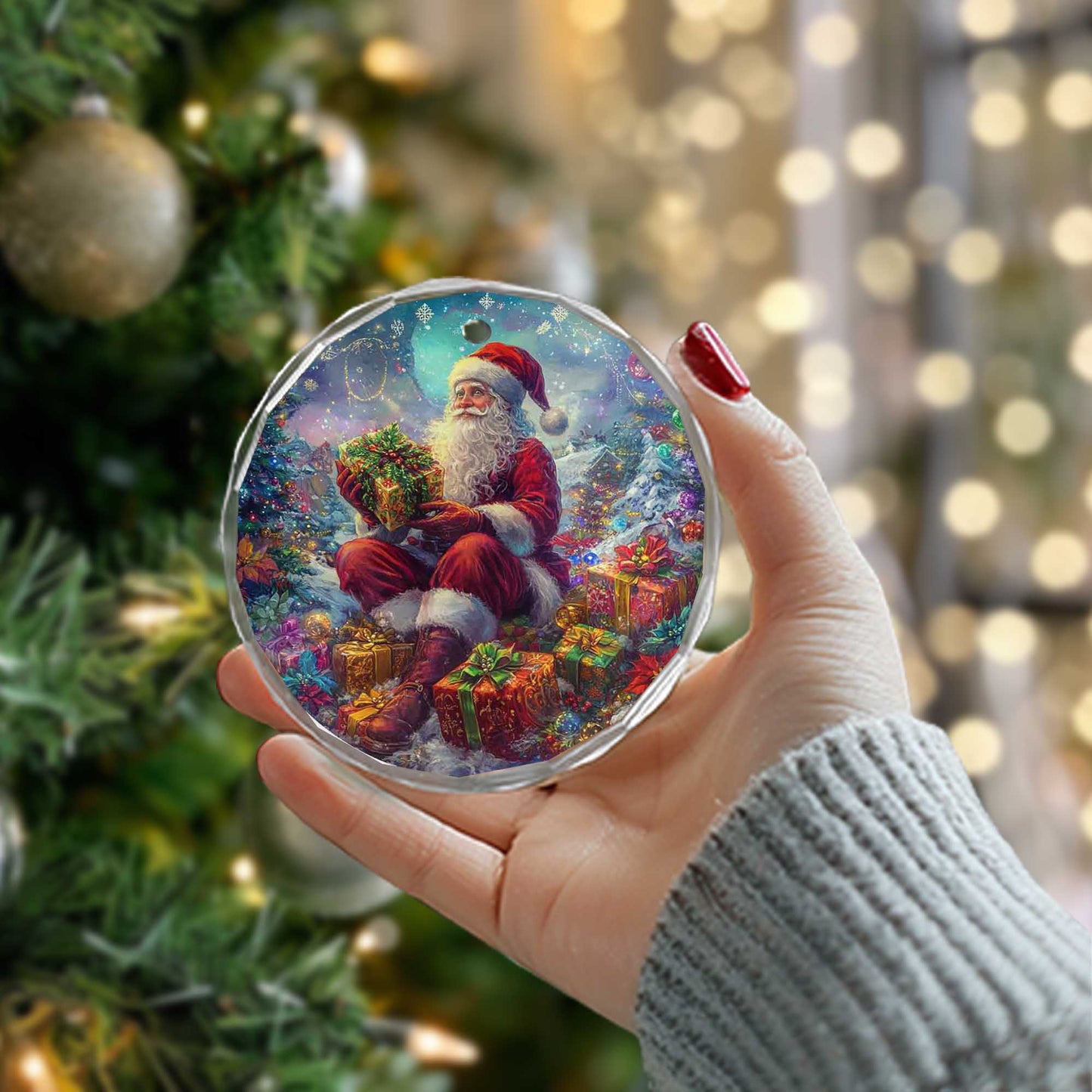 Netecom Santa Claus Sitting with Gifts Glass Ornament – Christmas Tree Decoration, 3-Inch Holiday Keepsake