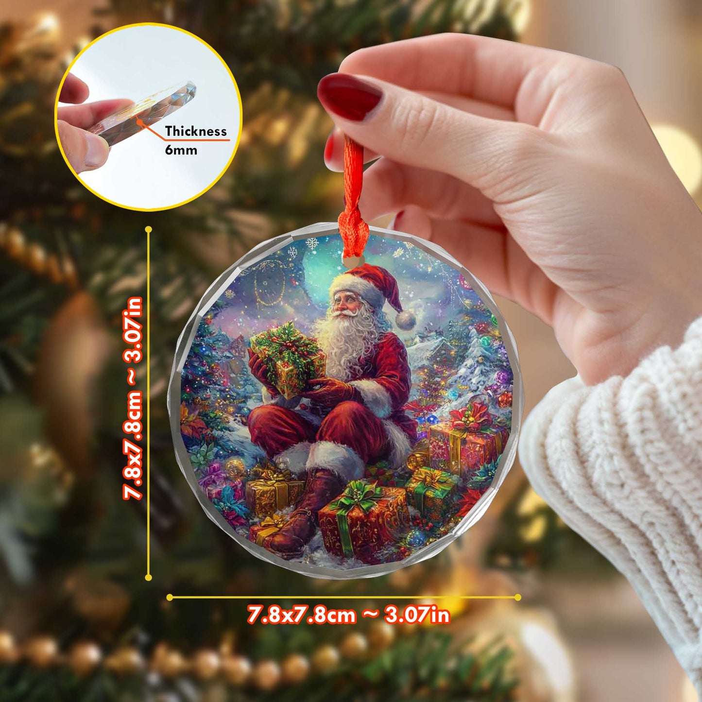 Netecom Santa Claus Sitting with Gifts Glass Ornament – Christmas Tree Decoration, 3-Inch Holiday Keepsake
