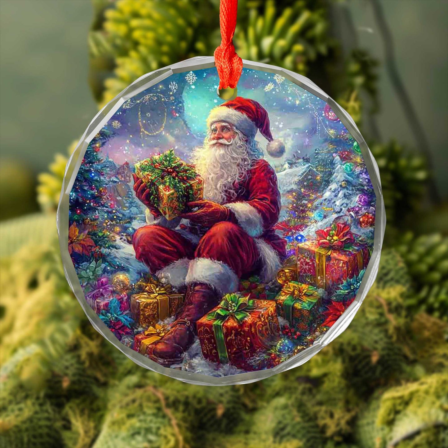 Netecom Santa Claus Sitting with Gifts Glass Ornament – Christmas Tree Decoration, 3-Inch Holiday Keepsake