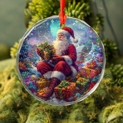 Netecom Santa Claus Sitting with Gifts Glass Ornament – Christmas Tree Decoration, 3-Inch Holiday Keepsake