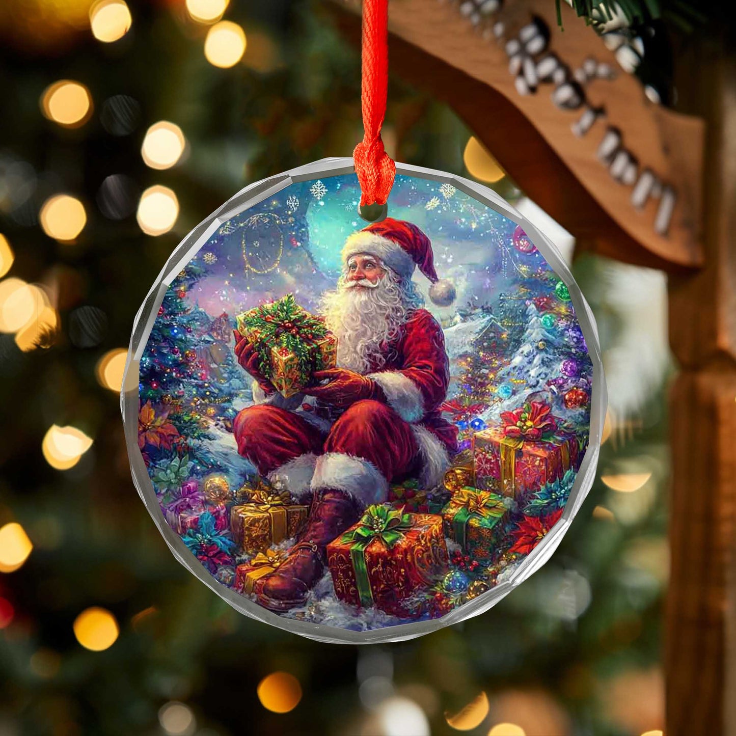Netecom Santa Claus Sitting with Gifts Glass Ornament – Christmas Tree Decoration, 3-Inch Holiday Keepsake
