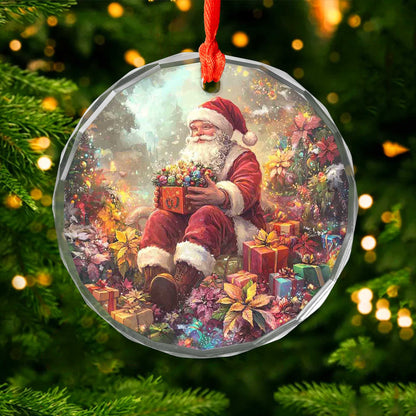 Netecom Santa Claus Sitting with Gifts Glass Ornament – Christmas Tree Decoration, 3-Inch Holiday Keepsake