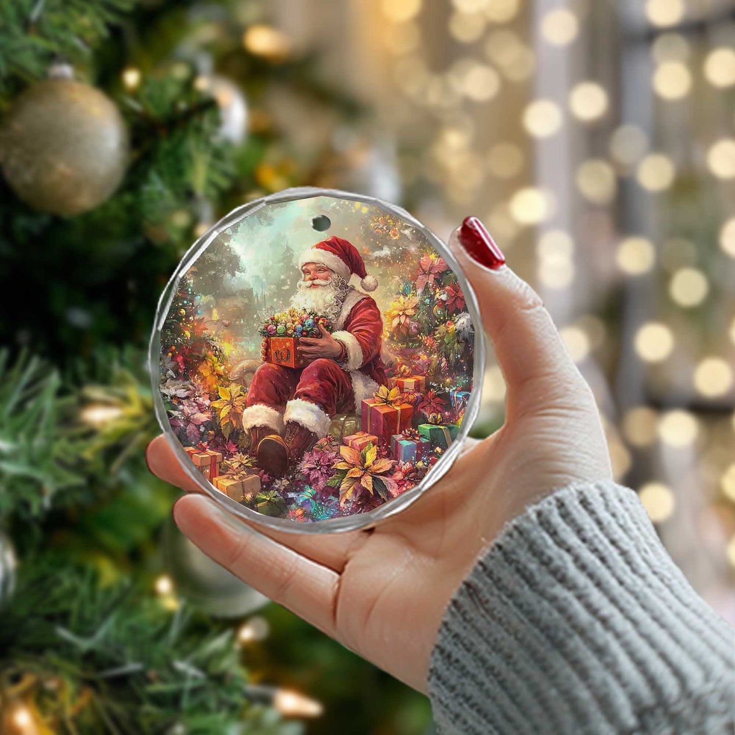 Netecom Santa Claus Sitting with Gifts Glass Ornament – Christmas Tree Decoration, 3-Inch Holiday Keepsake