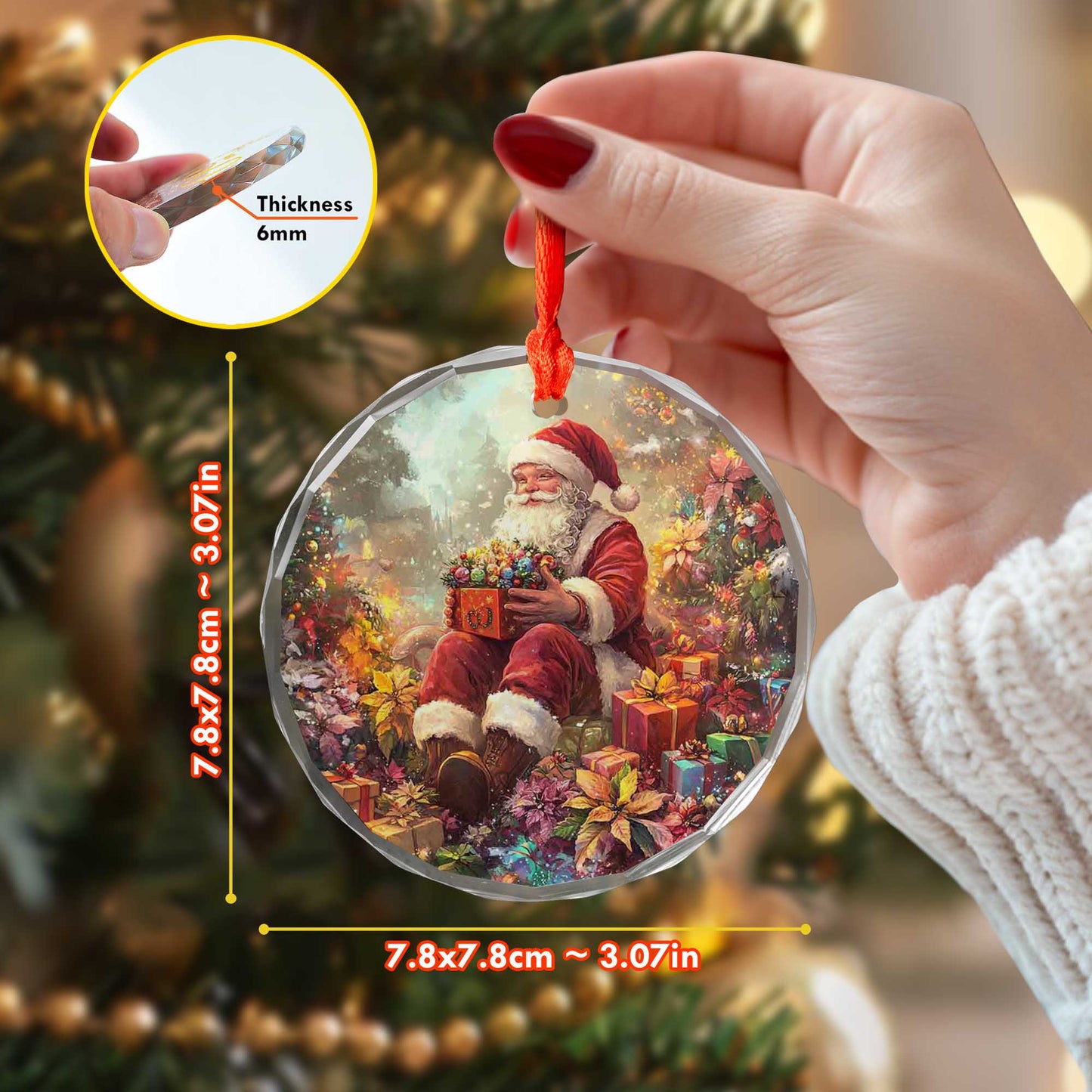 Netecom Santa Claus Sitting with Gifts Glass Ornament – Christmas Tree Decoration, 3-Inch Holiday Keepsake