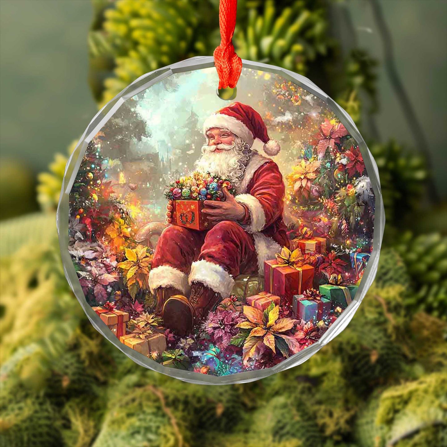 Netecom Santa Claus Sitting with Gifts Glass Ornament – Christmas Tree Decoration, 3-Inch Holiday Keepsake