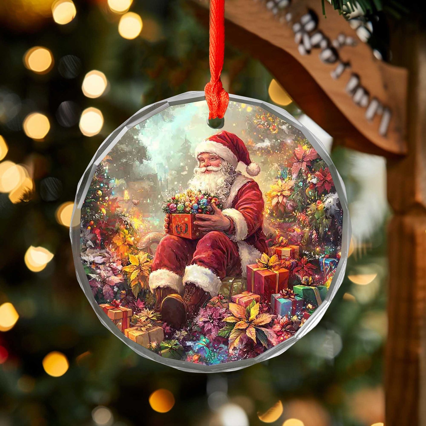 Netecom Santa Claus Sitting with Gifts Glass Ornament – Christmas Tree Decoration, 3-Inch Holiday Keepsake