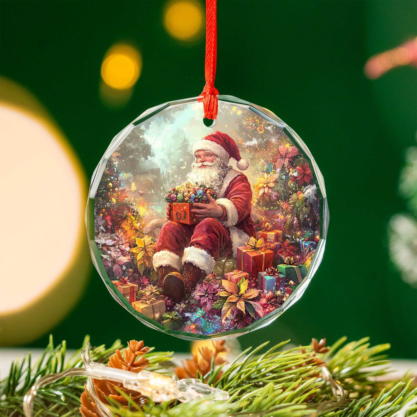 Netecom Santa Claus Sitting with Gifts Glass Ornament – Christmas Tree Decoration, 3-Inch Holiday Keepsake