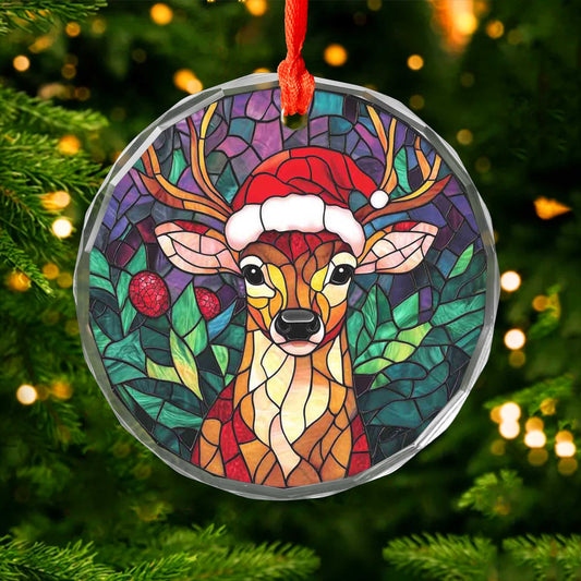 Netecom Festive Reindeer with Santa Hat Glass Ornament – Colorful Christmas Tree Decoration, 3-Inch Keepsake